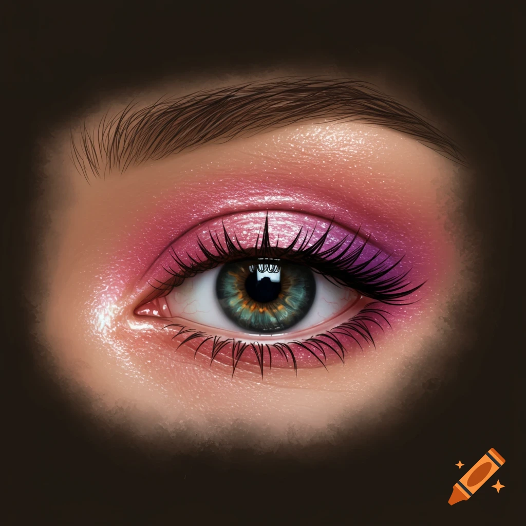 Close-up of an eye with pink and purple eyeshadow.