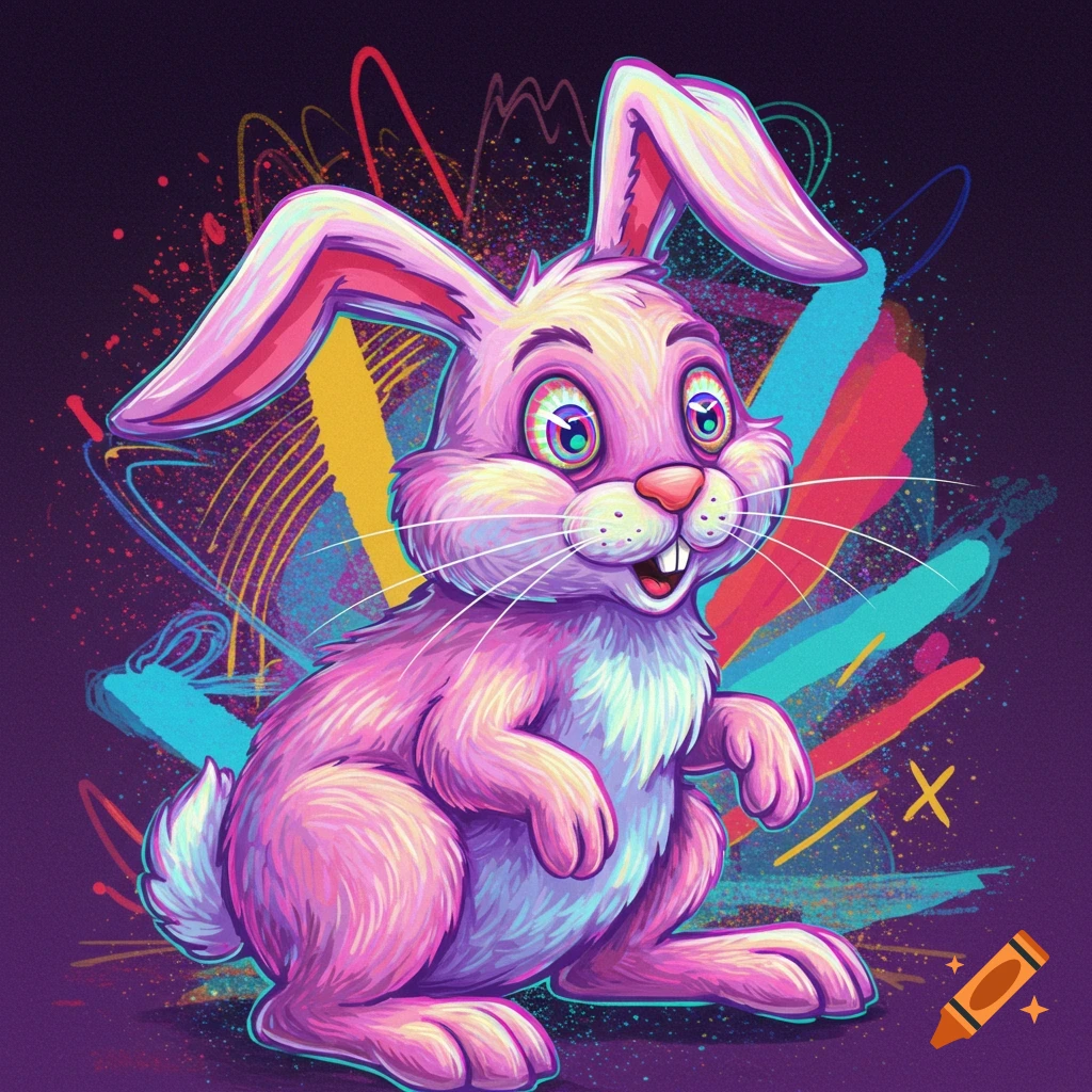 Cartoon pink rabbit against a colorful abstract background.