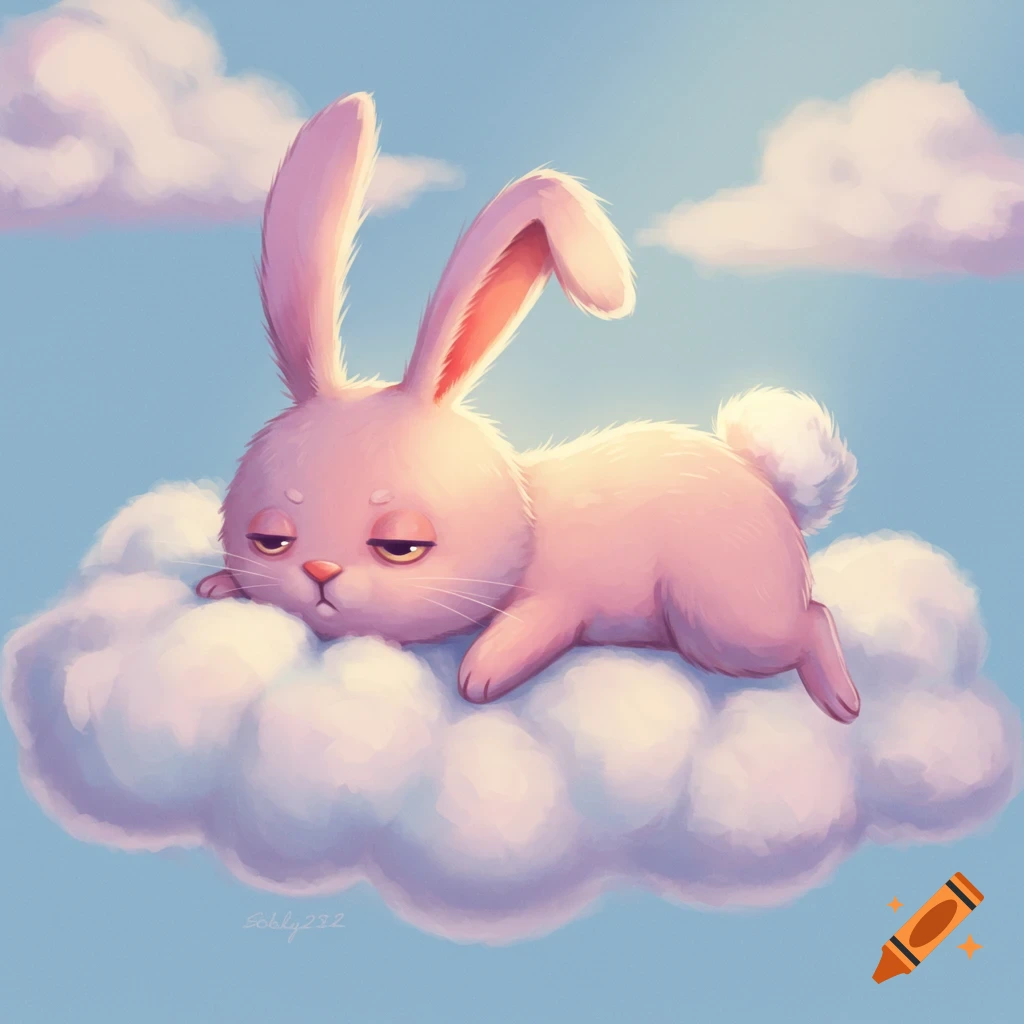 A lazy pink cartoon bunny lying on a white cloud in a blue sky.
