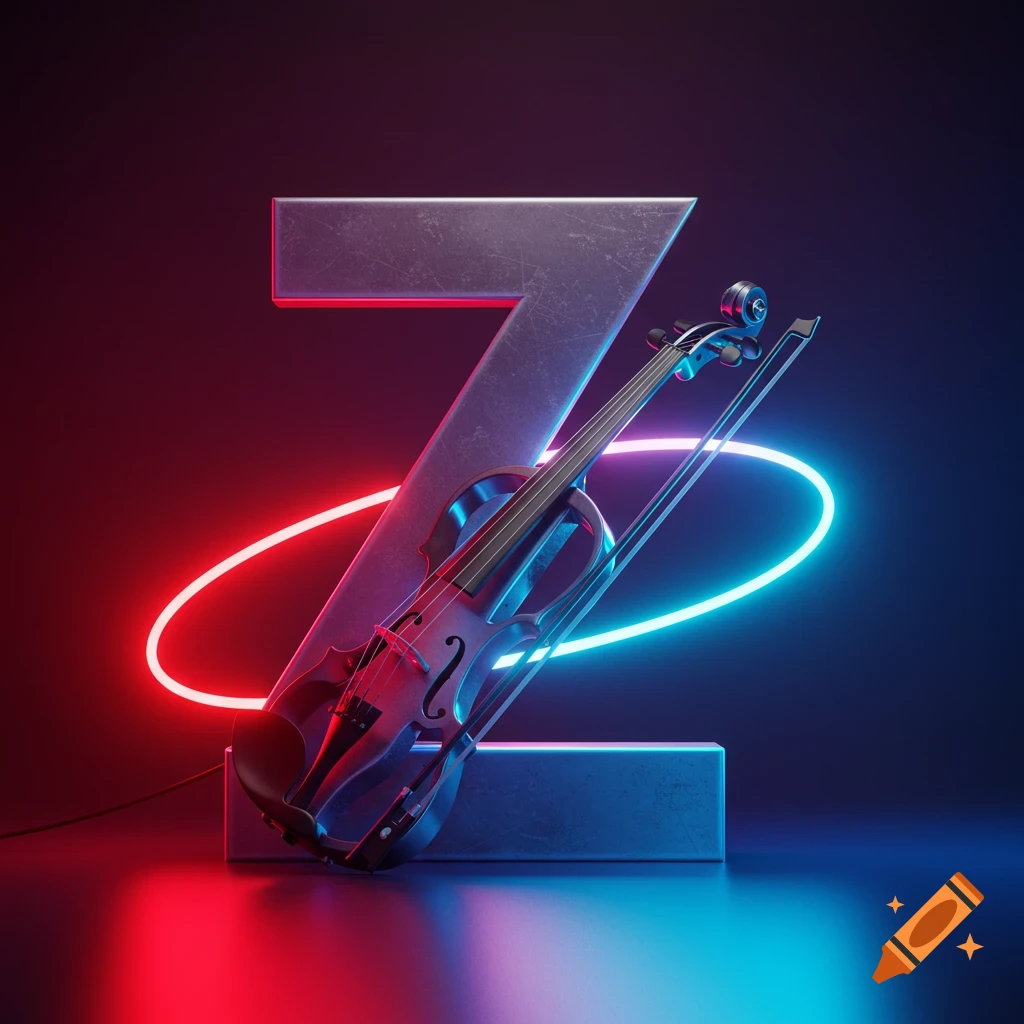 A metallic letter Z with an electric violin and red and blue neon lights on a dark background.
