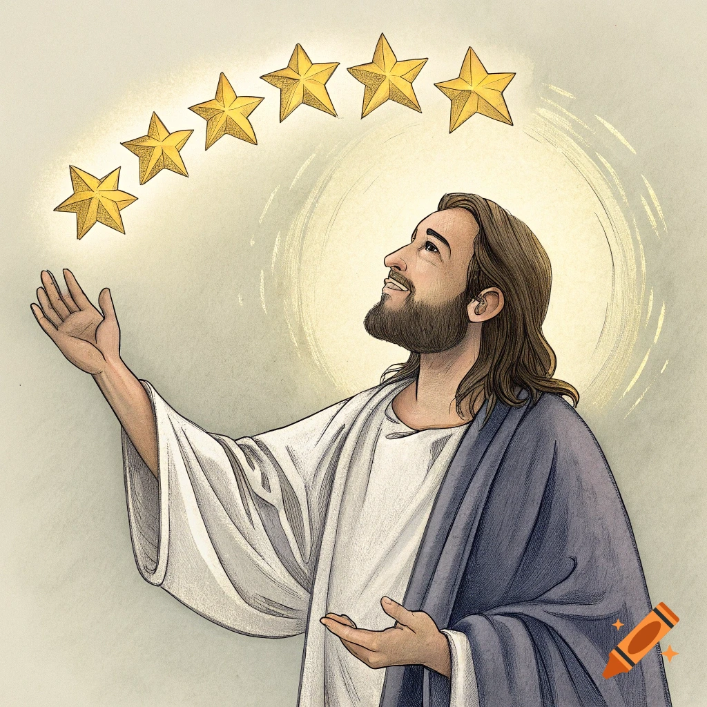 Illustration of Jesus looking up at a group of golden stars