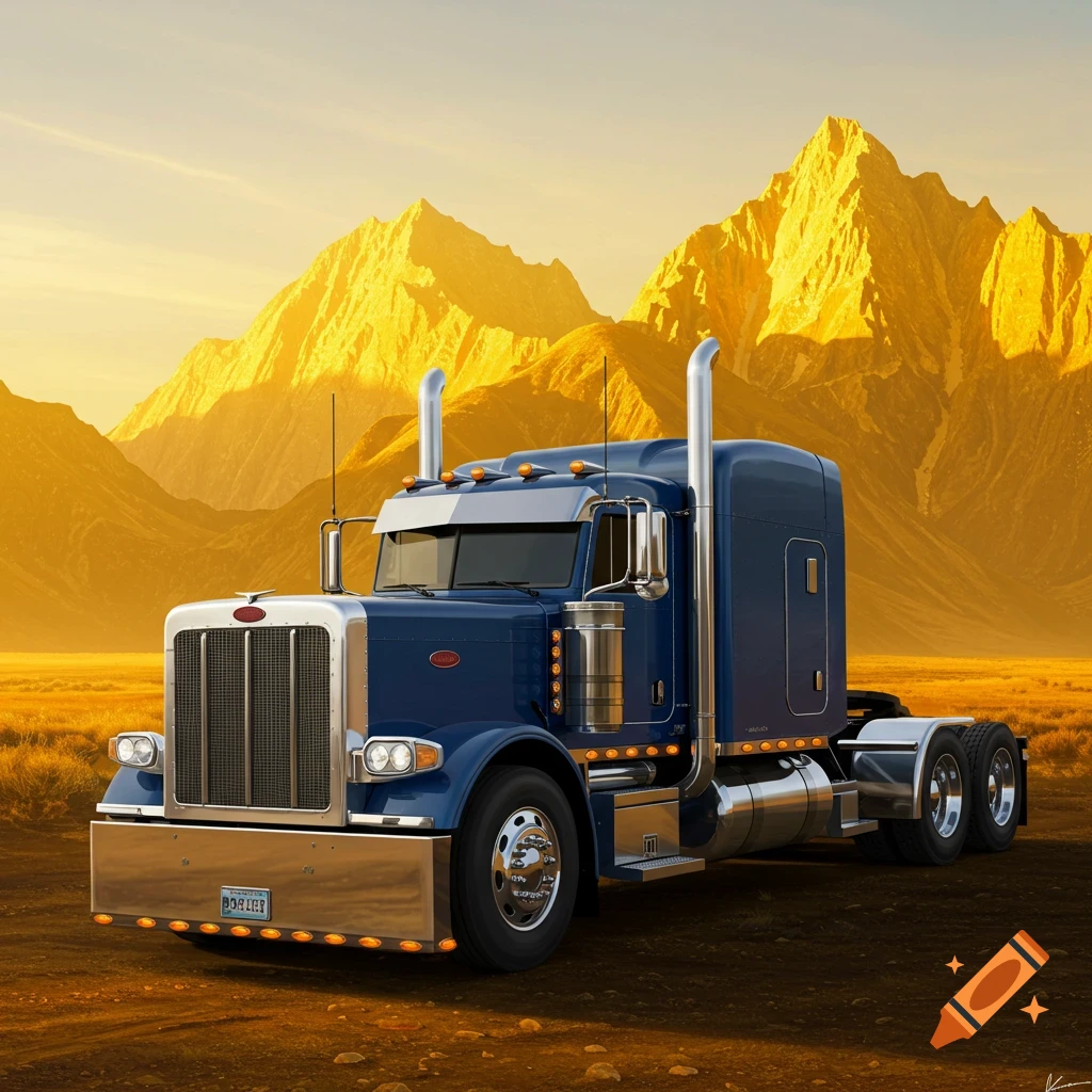 A blue Peterbilt truck with chrome in a grassy landscape with golden mountains under a sunny sky.