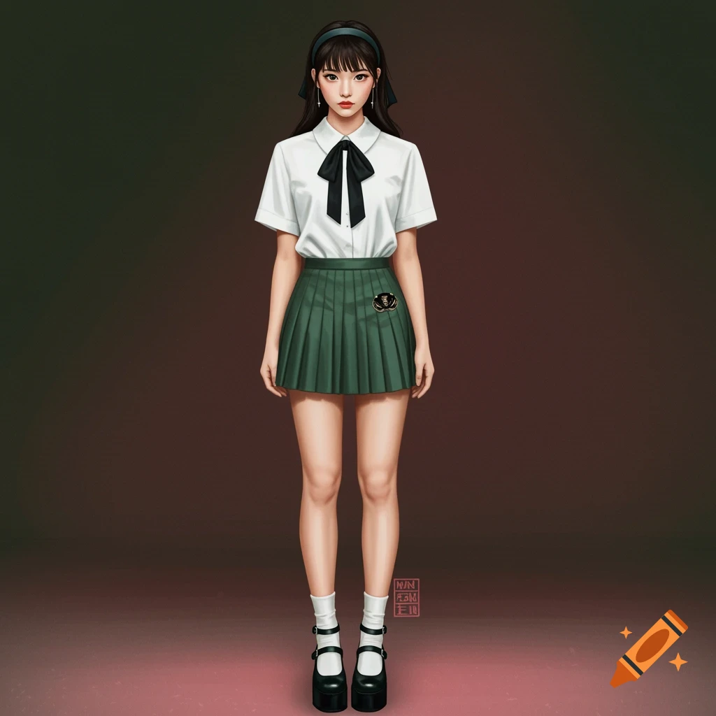 A girl wearing a white shirt, pleated green skirt, and platform mary jane shoes.