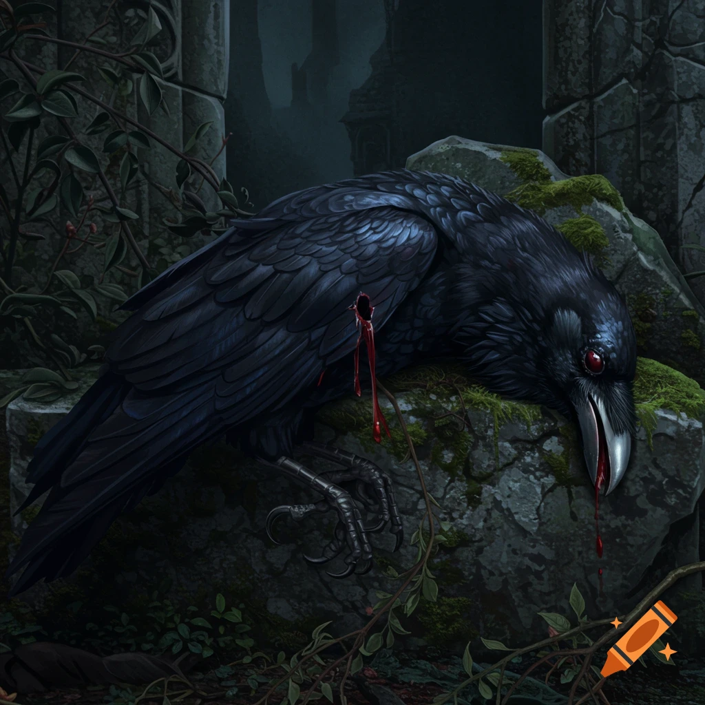 A dark image of a dead black raven with a bloody wound lying on a mossy stone among ruins.