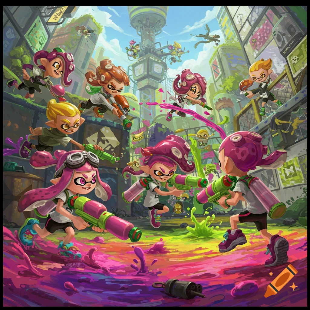 A group of stylized squid kids battle in a city street, splattering vibrant pink, purple, and green ink everywhere.