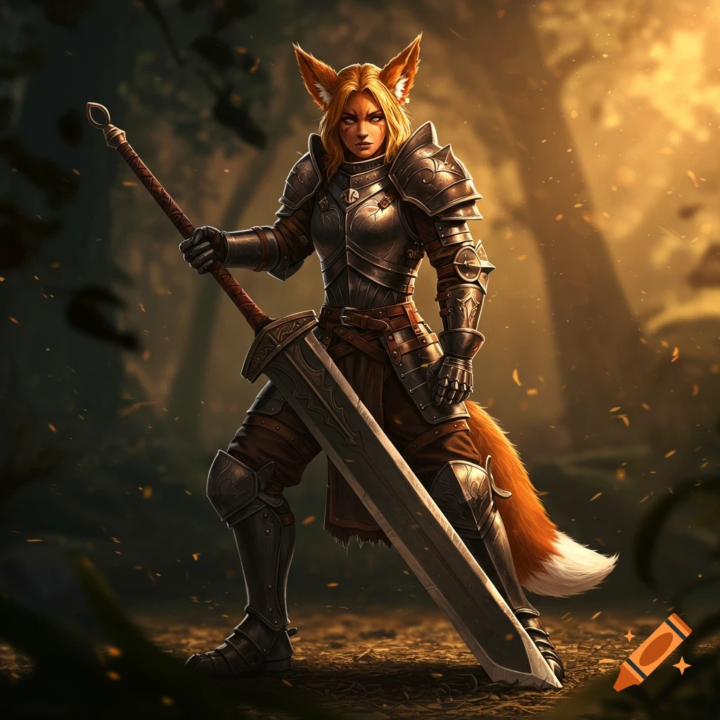 A female character with fox ears and tail, wearing fantasy armor and holding a greatsword in a forest.