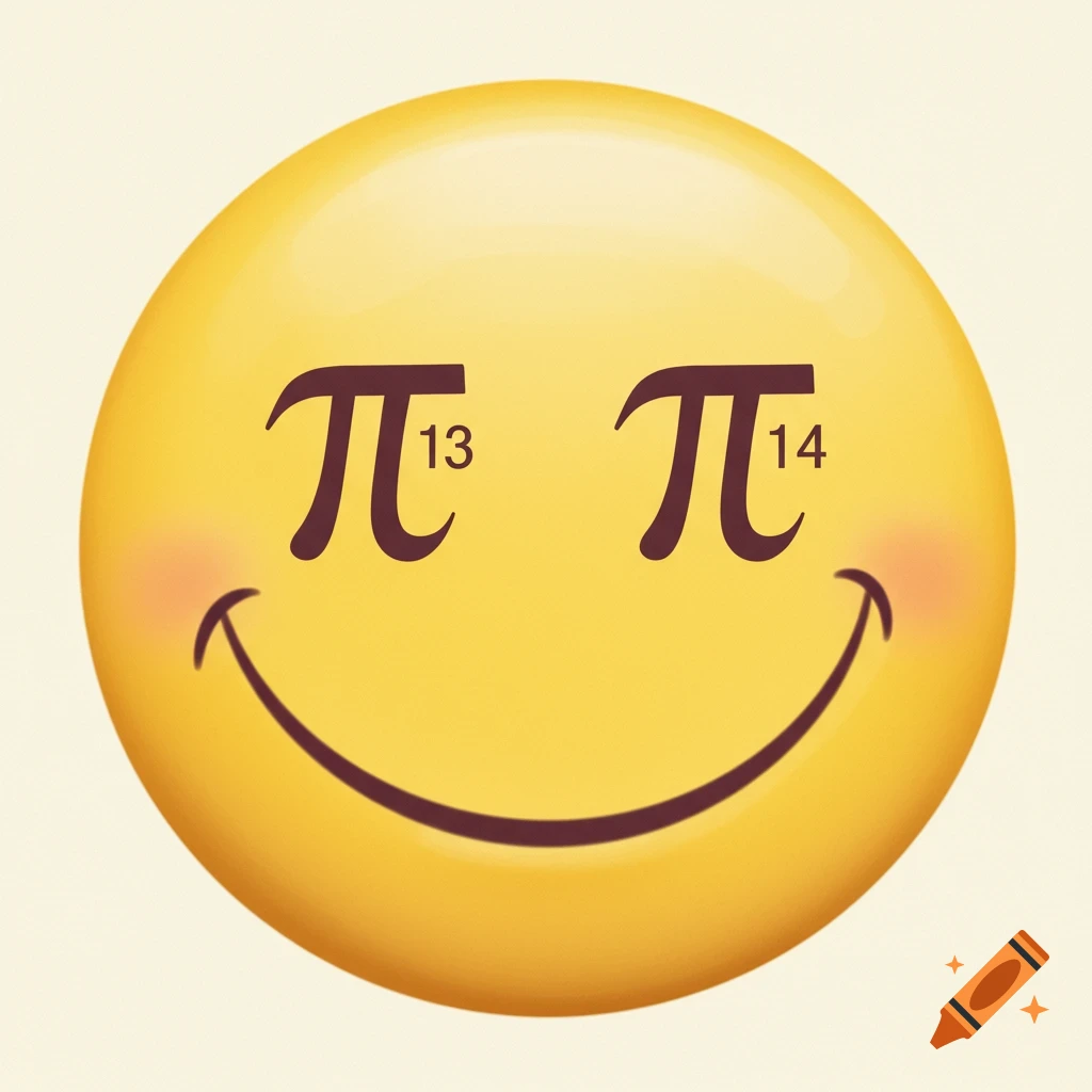 A yellow smiley face with Pi symbols as eyes, with small numbers 13 and 14 next to them, and a curved smile.
