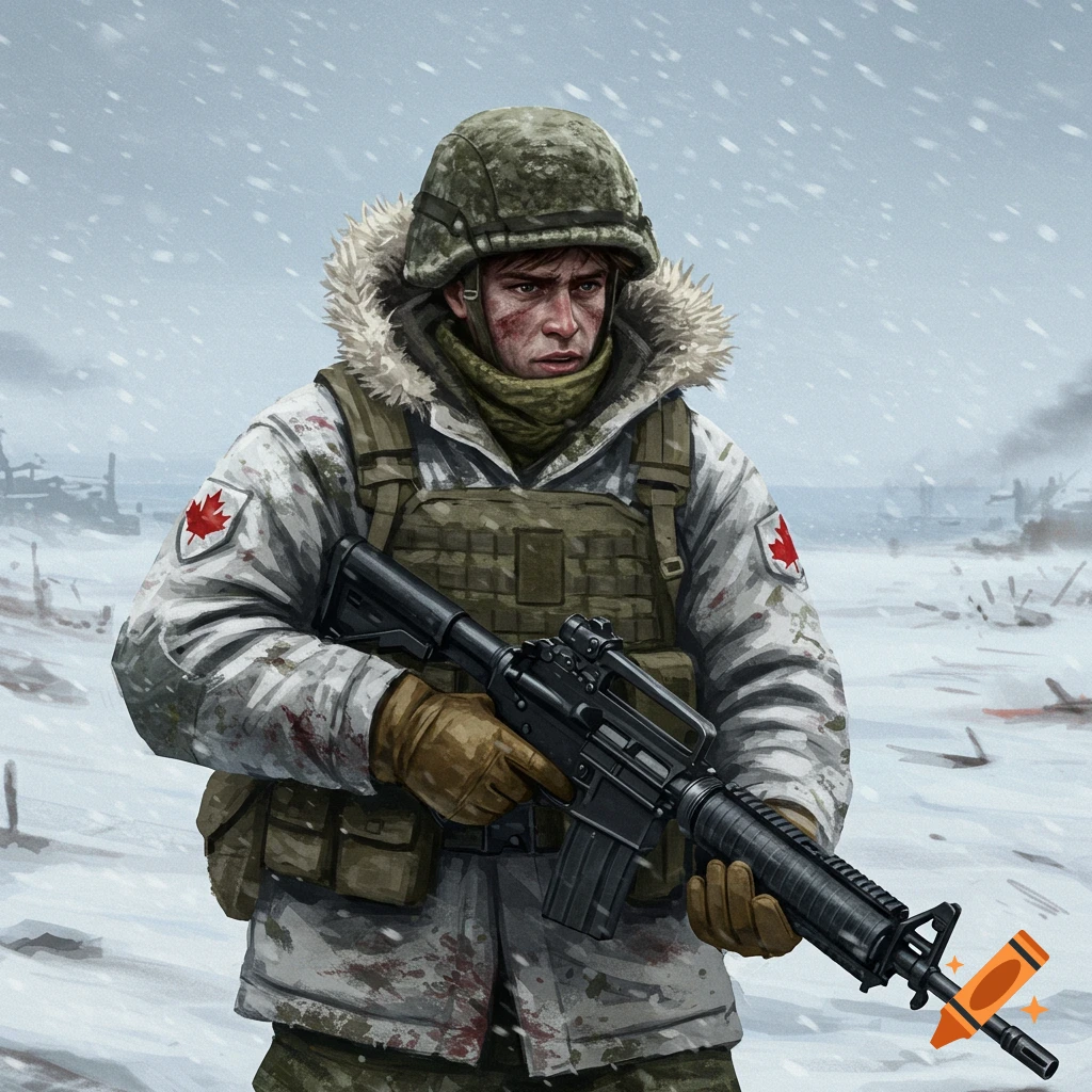 A Canadian soldier in winter gear holding a rifle in a snowy landscape.