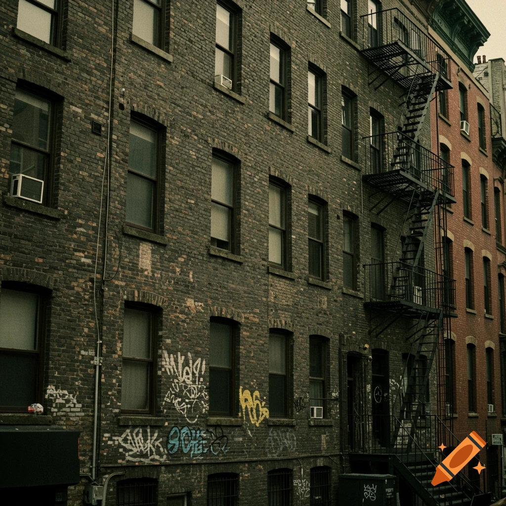 A dark brick building with multiple windows, a fire escape, and prominent graffiti on the wall, evoking an old city scene.