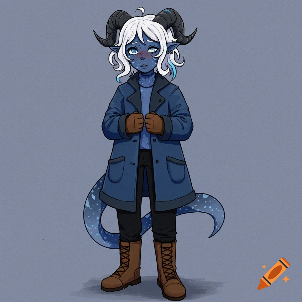 A blue-skinned fantasy character with horns, white hair, wearing a blue coat and brown boots.