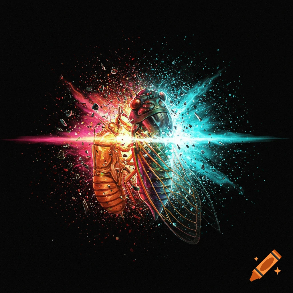 A cicada with explosive colorful effects on a black background.