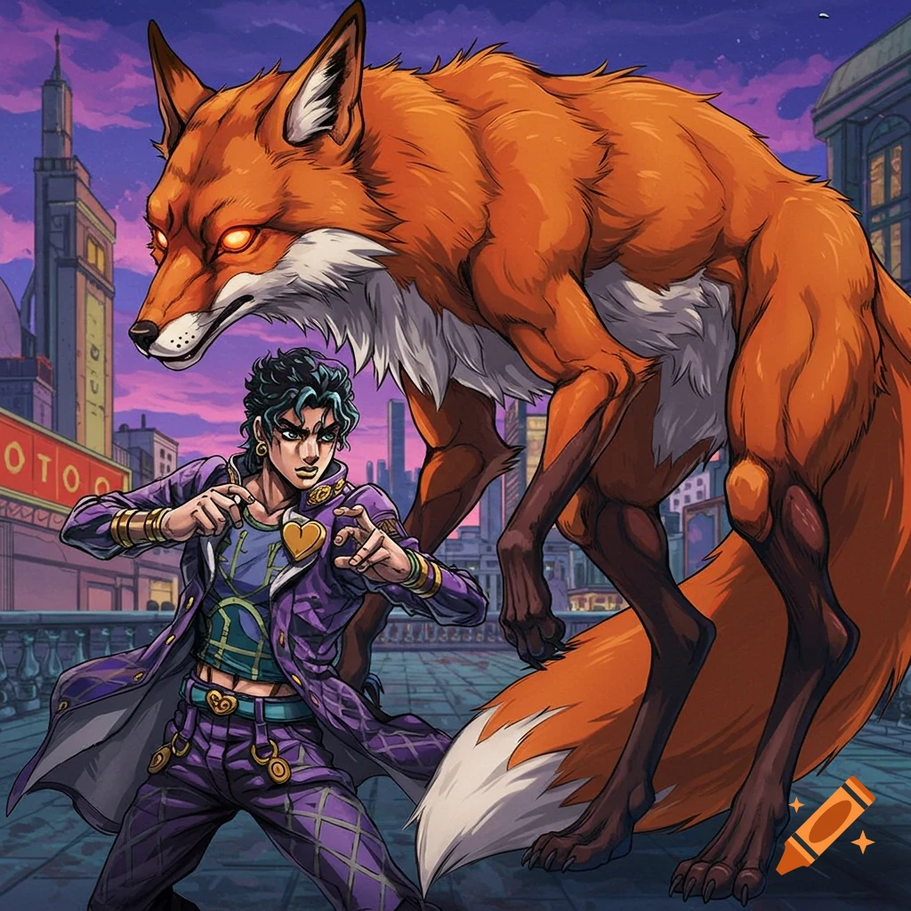 Anime character in purple coat stands with giant orange fox on a city street at sunset.