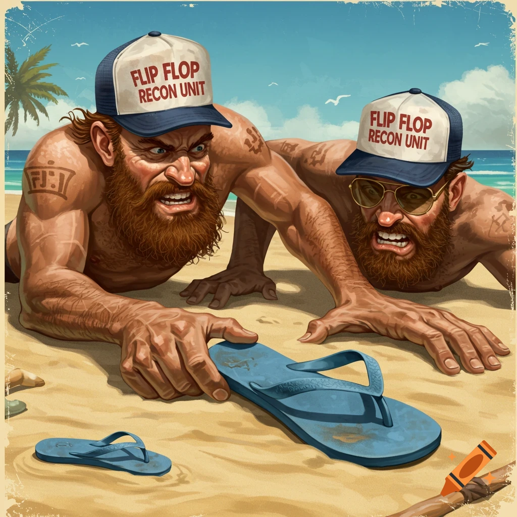 Two muscular, bearded men in hats reaching for a flip flop on a beach.