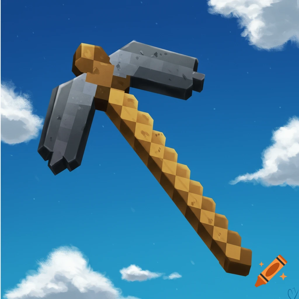 A minecraft pickaxe floats in a blue sky with clouds.