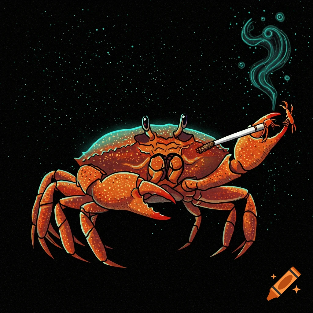 A large crab is smoking a cigarette which is held by a smaller crab.