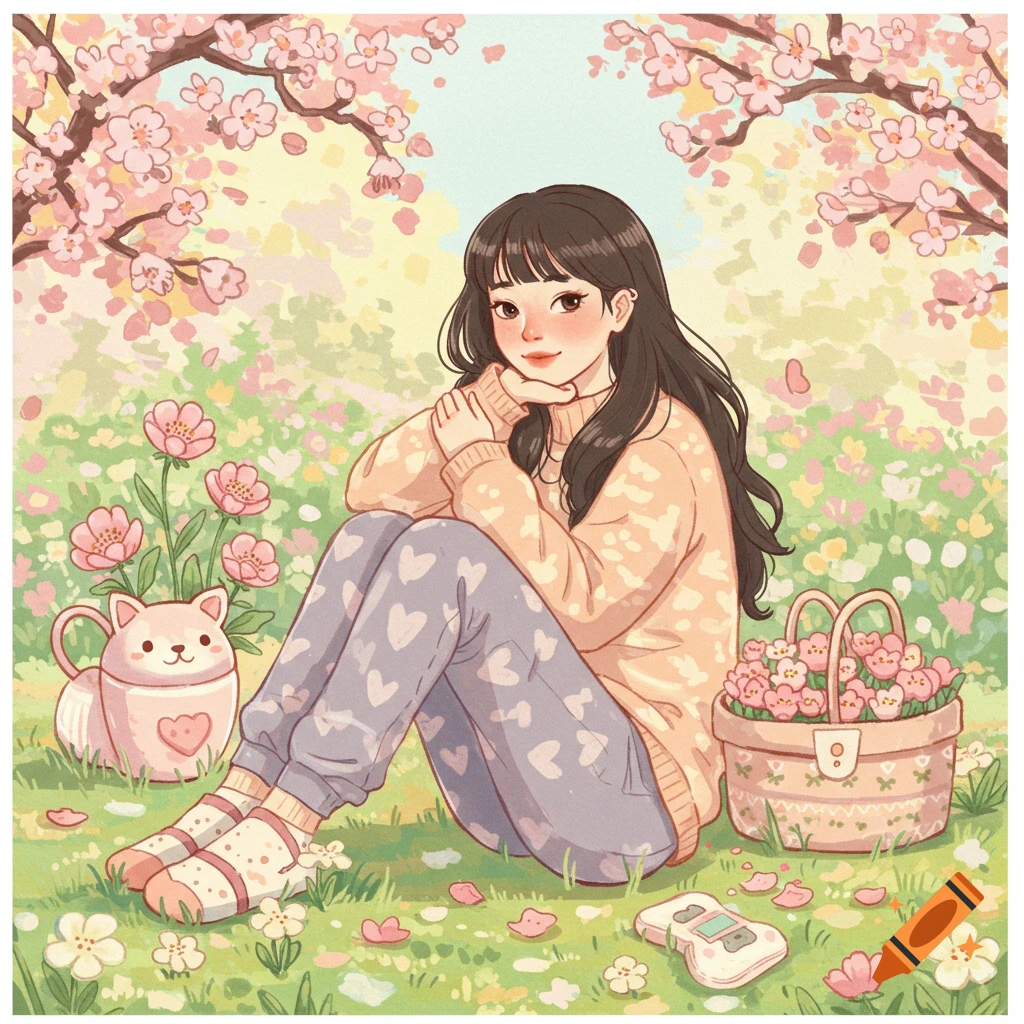 A girl sitting in a field of flowers under cherry blossoms