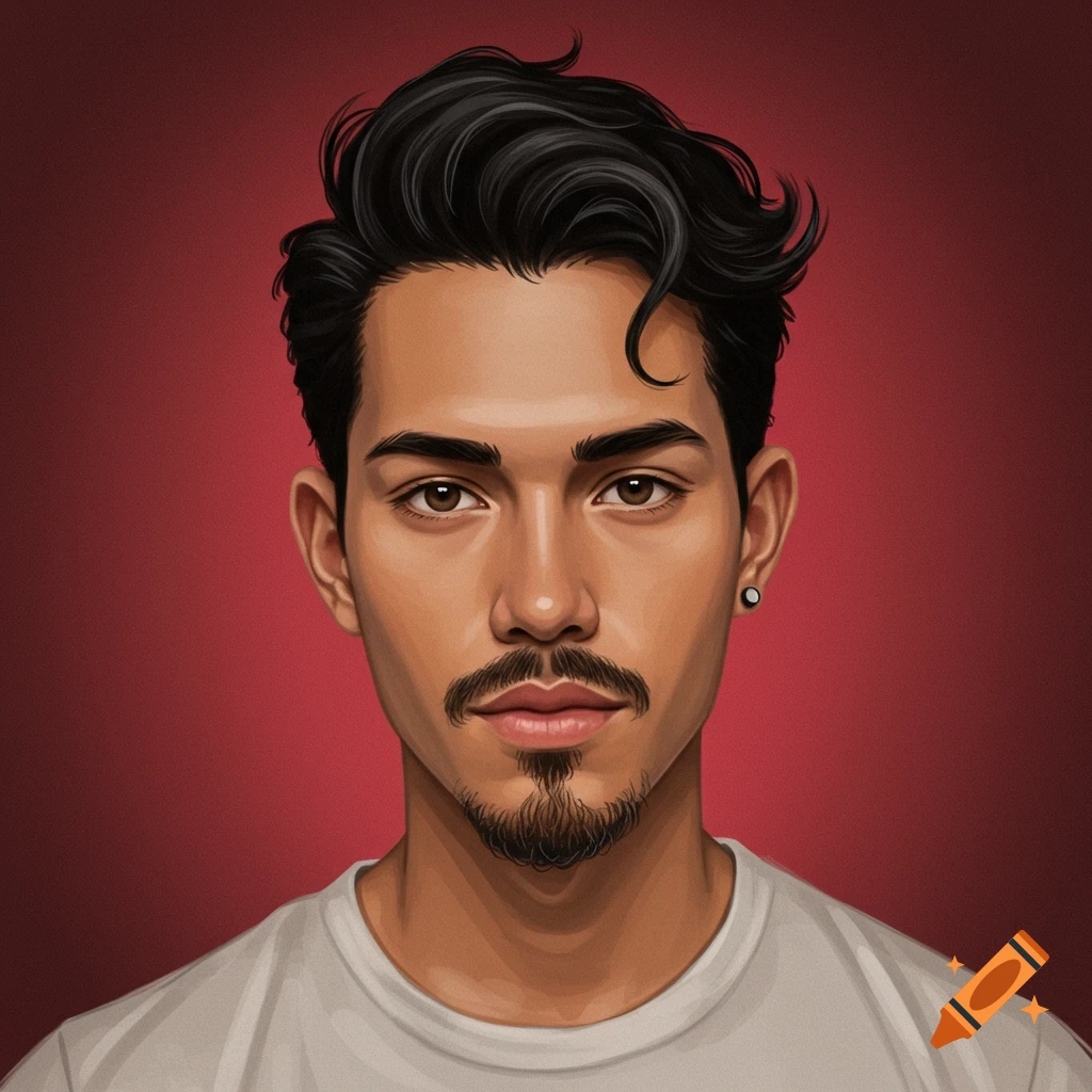 Portrait of a young man with dark hair and goatee against a red background.