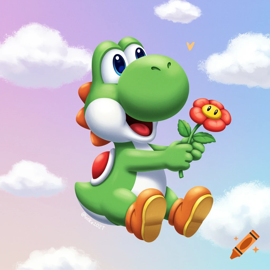 Yoshi floats in a pastel sky, holding a red flower.