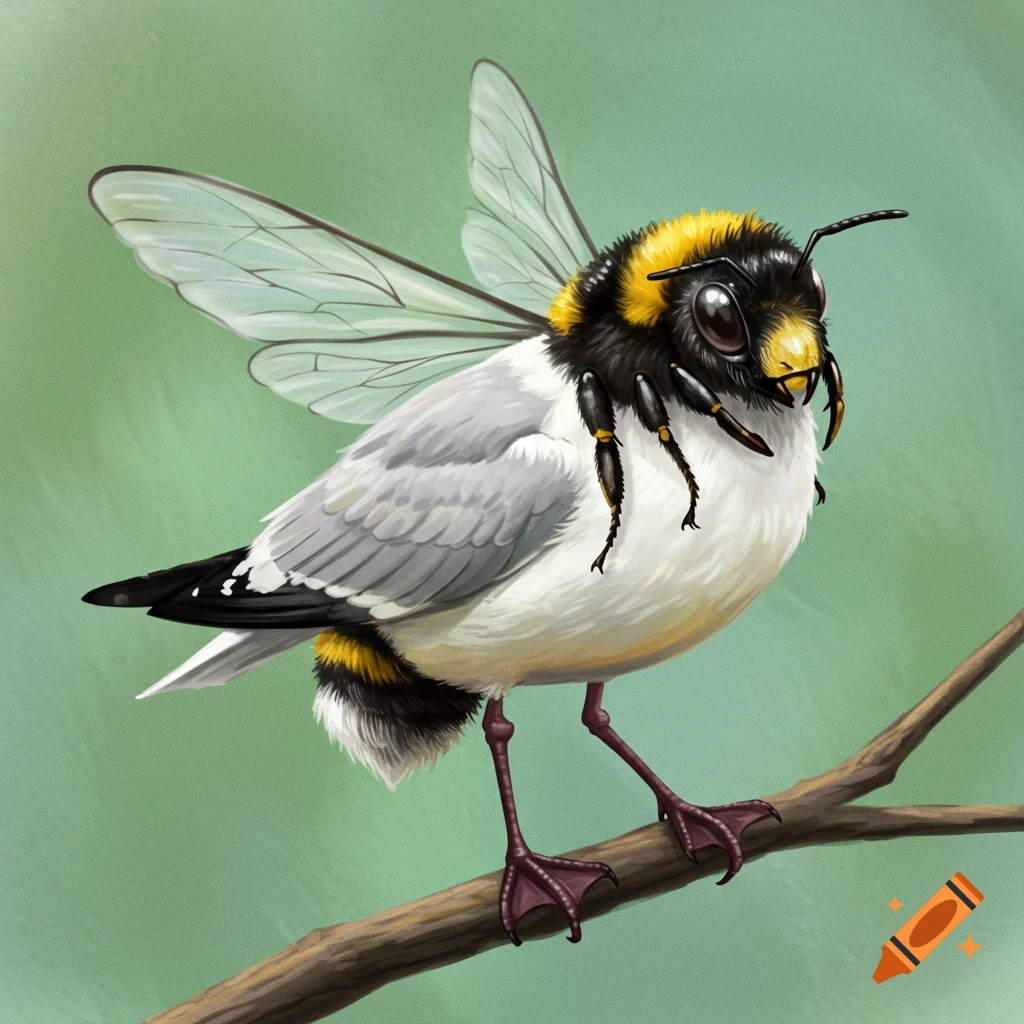 A hybrid creature combining a seagull and a bumble bee perched on a branch.