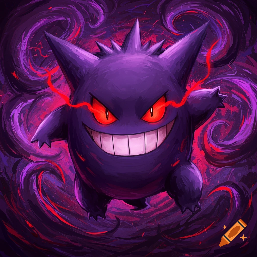 A purple Gengar with red eyes and grin surrounded by swirling purple and red energy.
