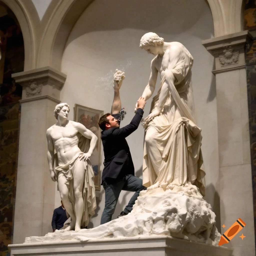 Man standing on the base of a large classical sculpture in a museum, reaching towards it