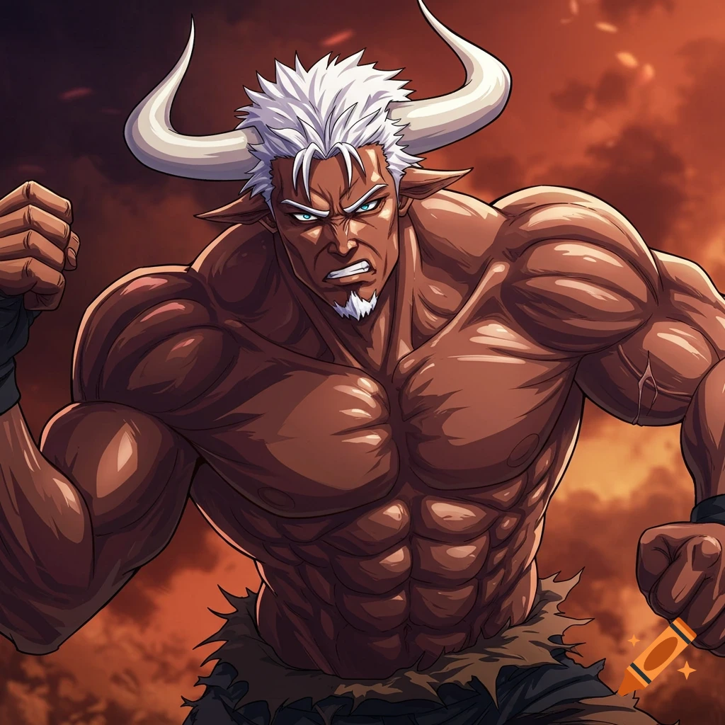 Anime muscular man with bull horns flexing bicep against a fiery sky