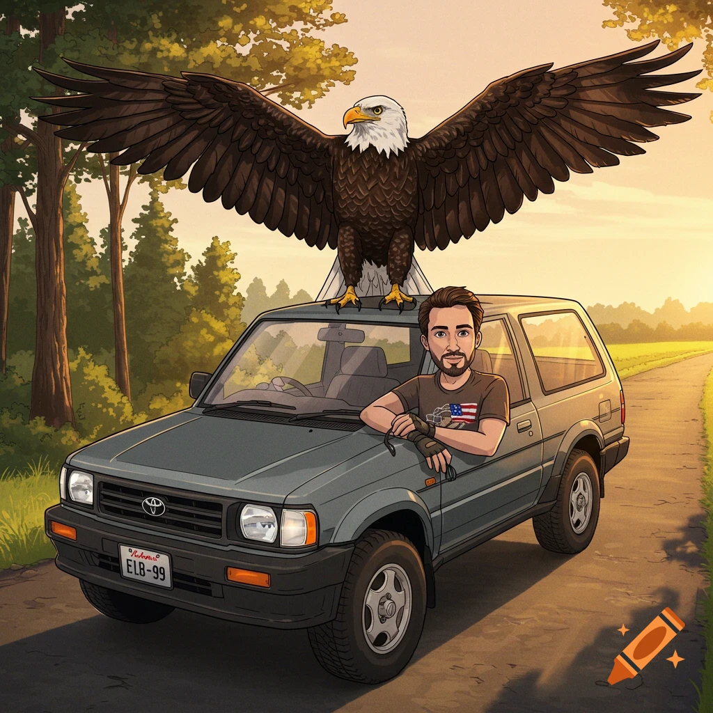 A man standing by a gray SUV with a bald eagle perched on the roof, in a wooded landscape.