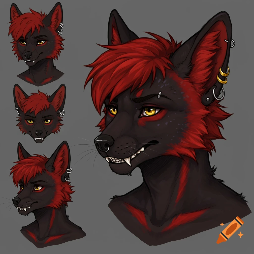 Digital art reference sheet of a dark furry fox with red hair, yellow eyes, and piercings