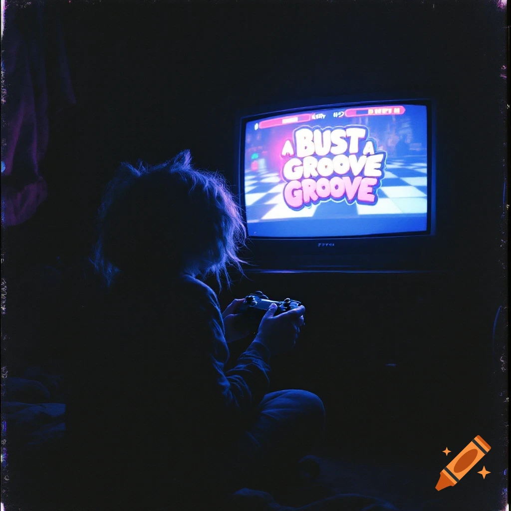 Person silhouetted playing a video game, Bust a Groove, on a CRT TV in a dark room, analog photo style
