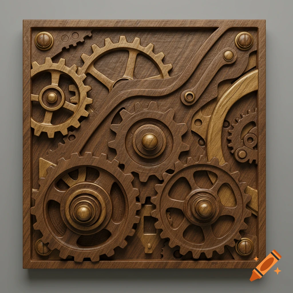 Wood carving wall art featuring detailed gears and mechanical parts.