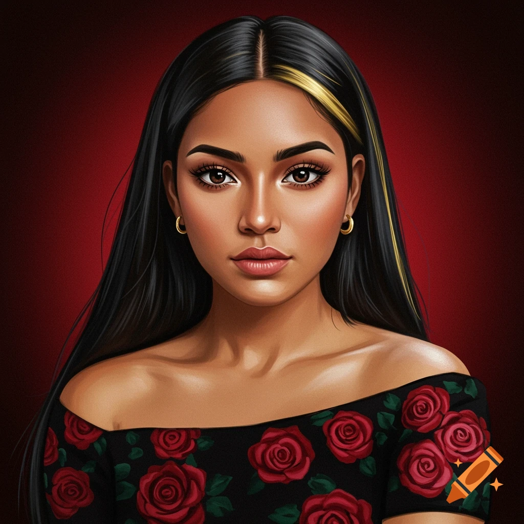 A young woman with long black hair, a gold streak, and hoop earrings wears a black dress adorned with red roses.