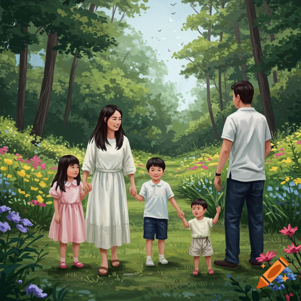 A family walks through a flower-filled forest.