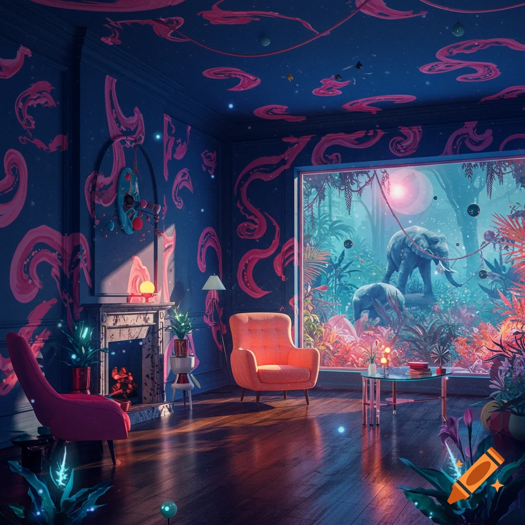 A surreal room overlooking a jungle with elephants