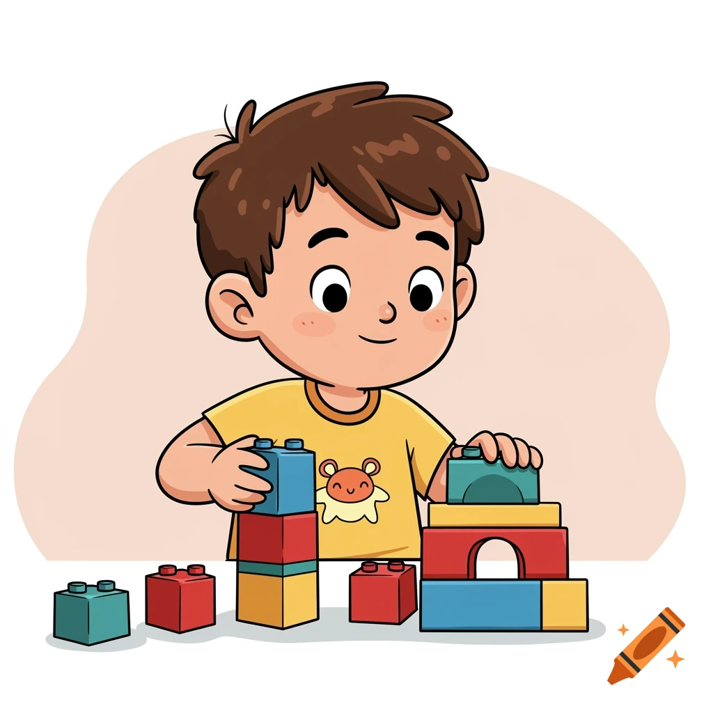 Cartoon illustration of a boy playing with colorful building blocks.