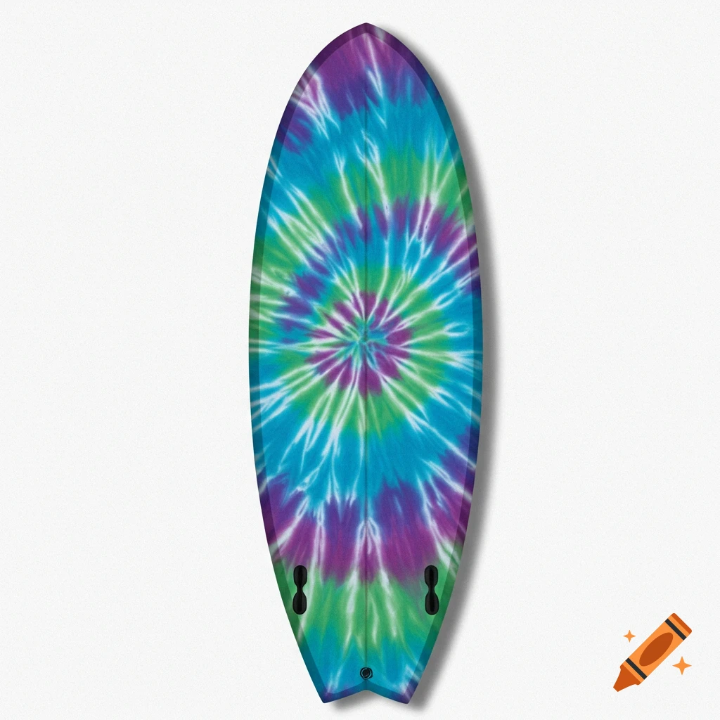 A surfboard with a colorful tie-dye pattern