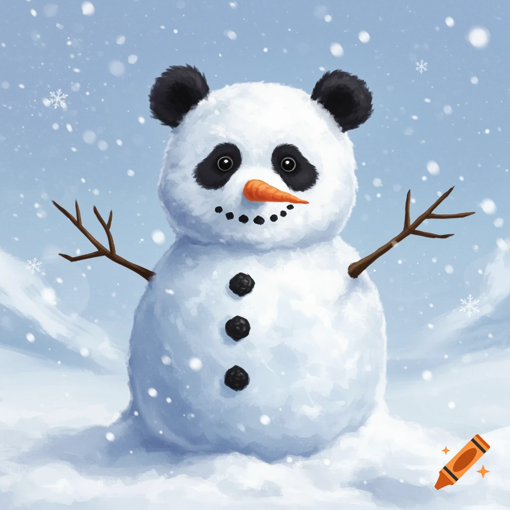Cartoon of a snowman with panda ears and eye patches in the snow with falling snowflakes.