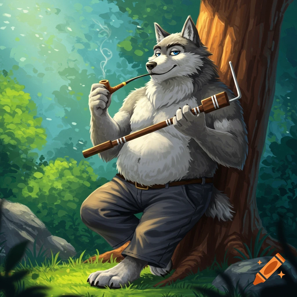 A furry wolf smoking a pipe and holding a musical instrument while leaning on a tree in a forest.