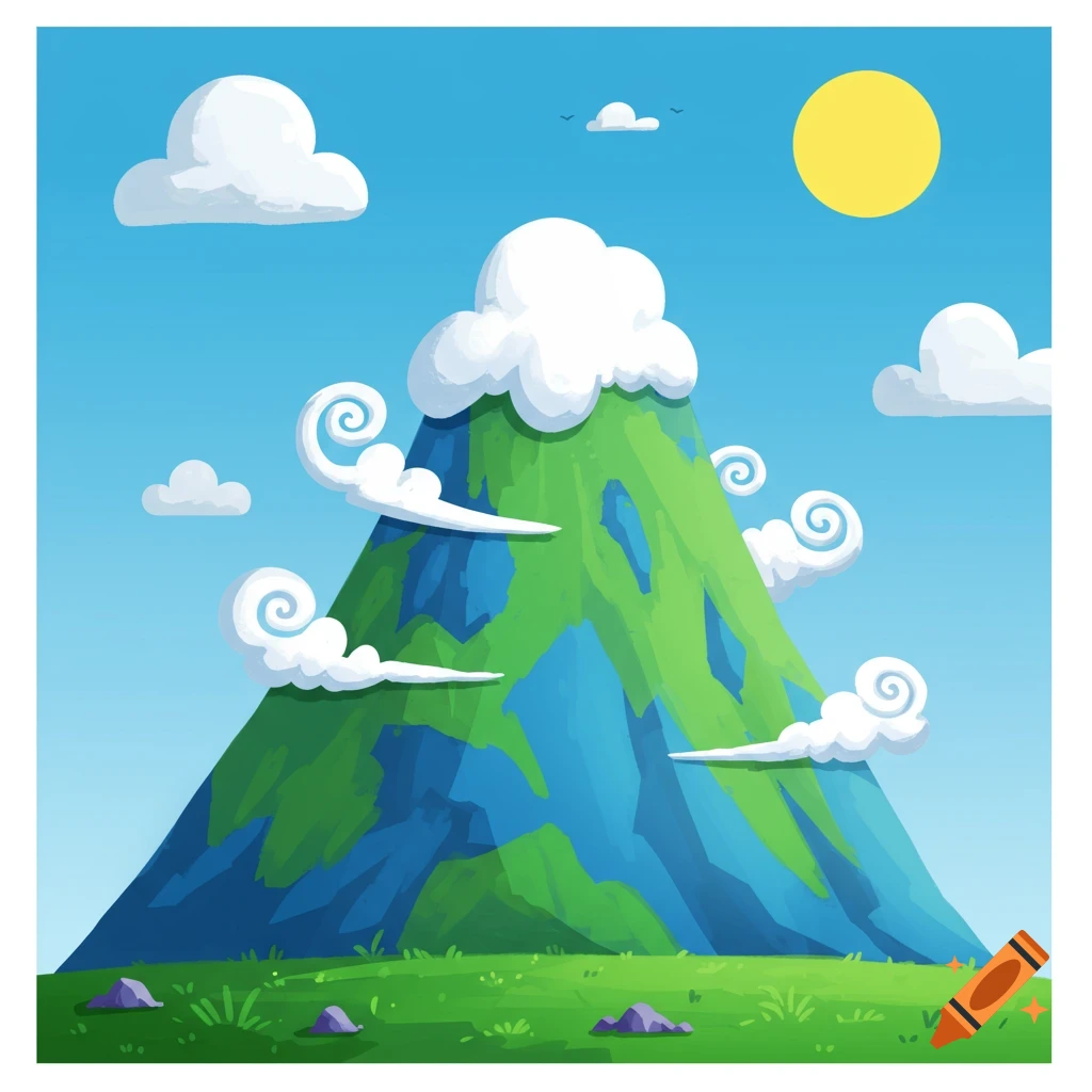 A vibrant cartoon landscape featuring a green and blue mountain with fluffy white clouds on top, under a yellow sun in a blue sky.