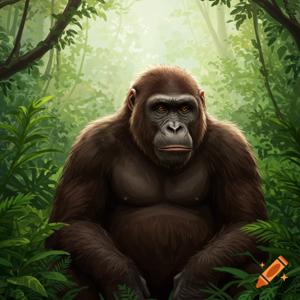 A gorilla sitting in a lush jungle.