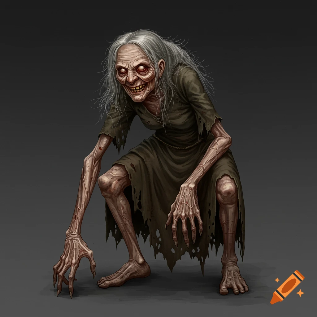 A hunched, gaunt witch with long gray hair, glowing red eyes, and clawed hands, wearing a tattered dress.