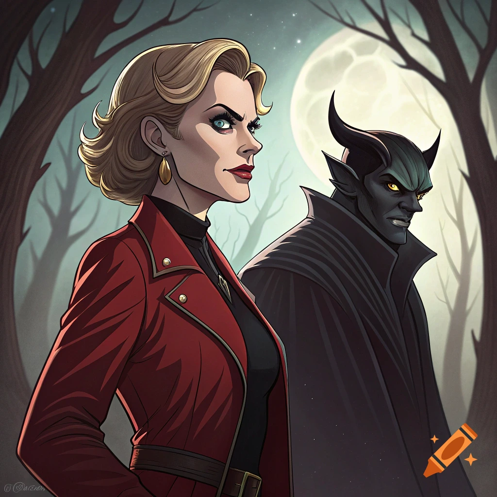 A woman in a red jacket stands next to a horned demon figure in a forest under a full moon. Comic book art style.