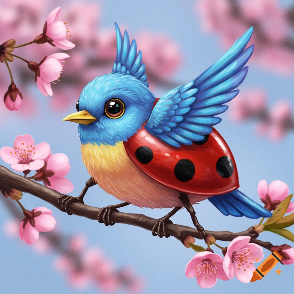 A cute blue and yellow bird with red ladybug wings perched on a cherry blossom branch.