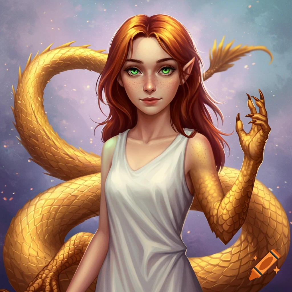 Portrait of a fantasy creature, a half-human, half-dragon woman with red hair, green eyes, and golden scales.