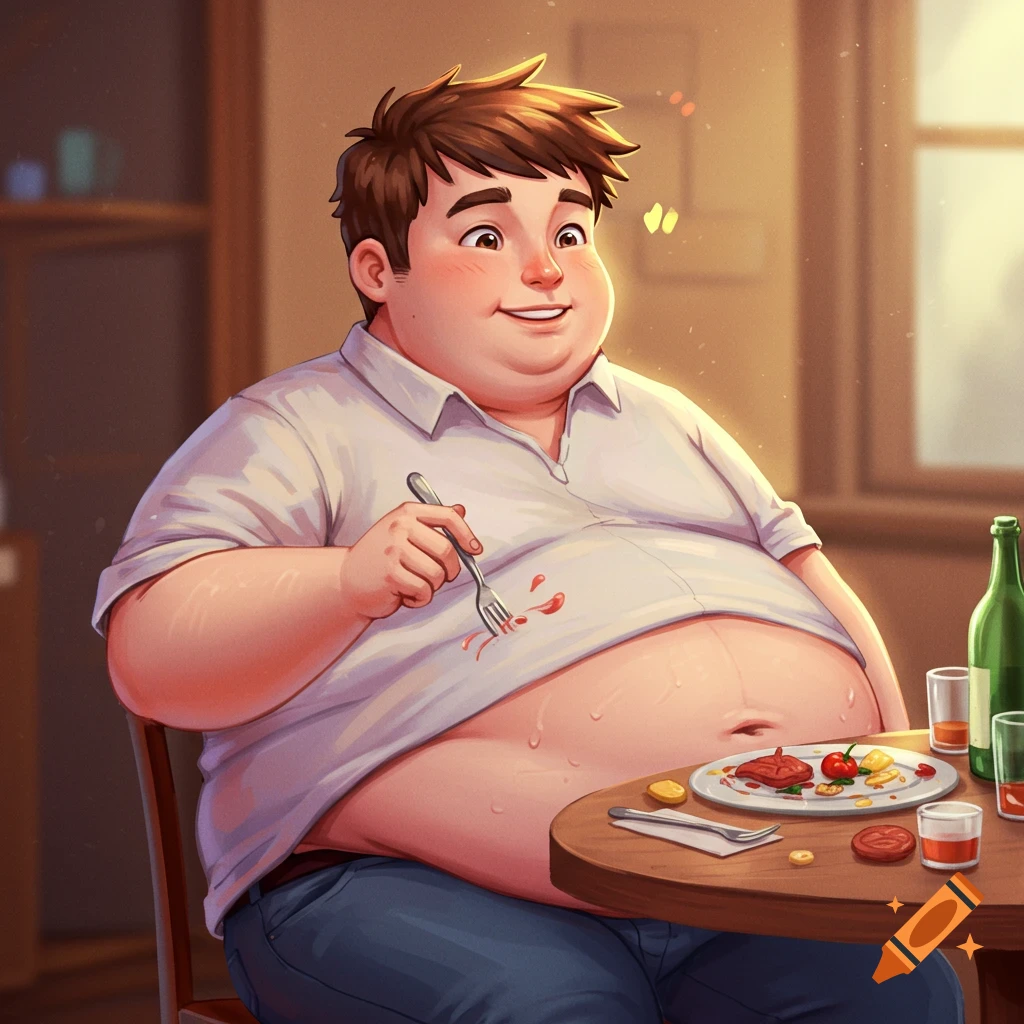 A young man with a full stomach eating dinner at a table.