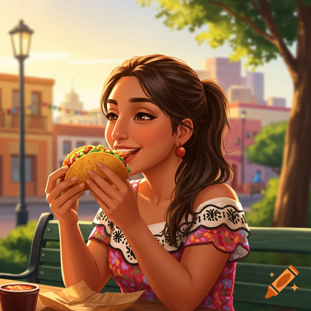 A young woman is eating a taco outdoors.