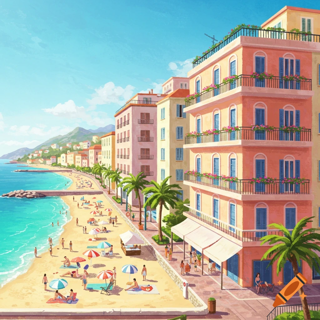 A beach scene with people sunbathing and swimming next to colorful buildings along the coast.