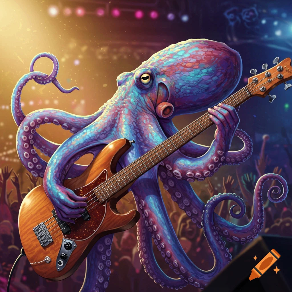 A colorful octopus playing bass guitar on stage
