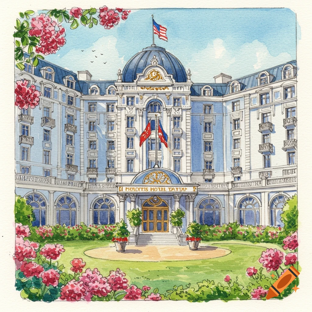 Watercolor painting of a grand hotel building with a blue dome, flags, garden, and pink flowers.
