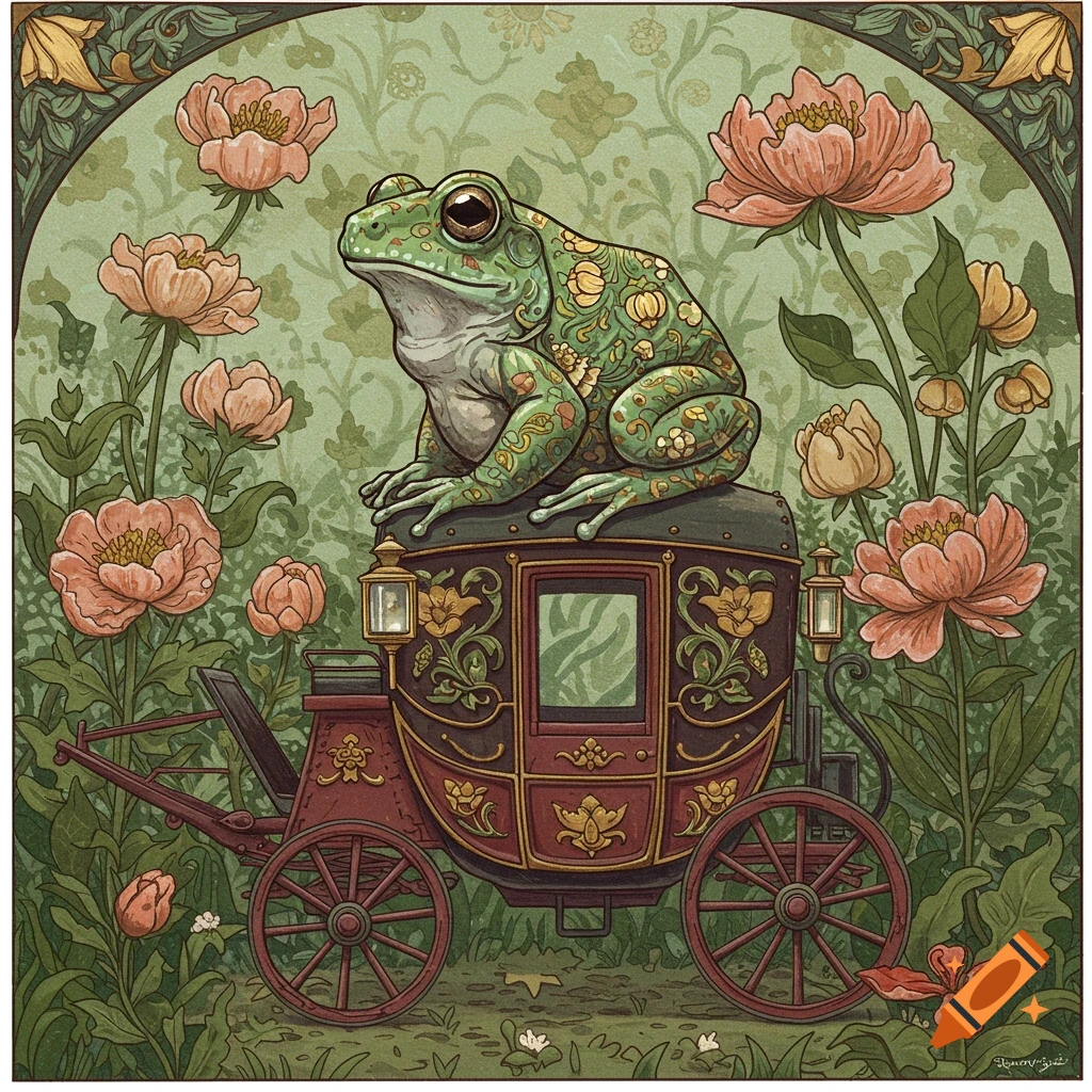 William Morris style illustration of a frog sitting on a carriage surrounded by flowers.