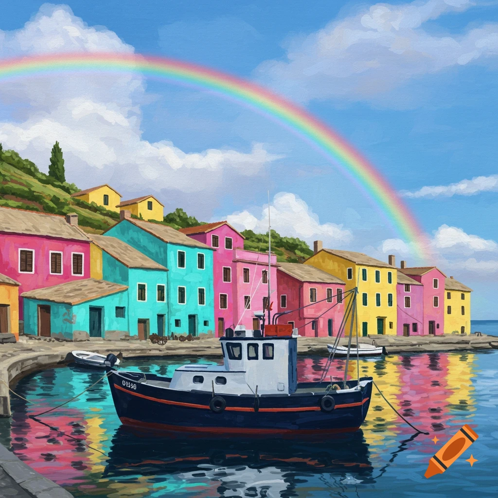 A colorful coastal village with a fishing boat and a rainbow.
